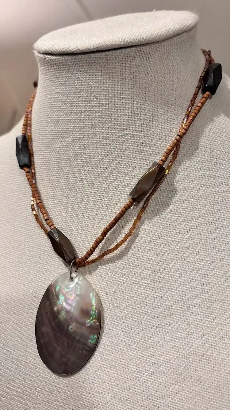 Lia Sophia Harvest Moon Abalone Shell Pendant Beaded Necklace